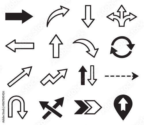 Modern arrow icon set featuring diverse direction and navigation symbols for user interface design