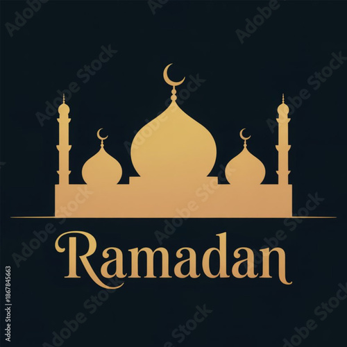 Golden mosque silhouette with crescent moon symbolizing the sacred month of ramadan isolated on white background
