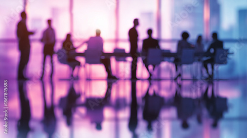 Professional Business Team Meeting in Modern Abstract Office, Purple and Blue Lighting. 