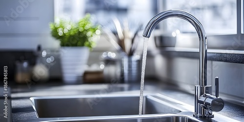 Modern kitchen sink with a sleek faucet running water into the basin.