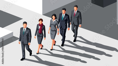 A confident team of diverse business professionals walks forward, casting long shadows, symbolizing leadership, ambition, and collective progress.