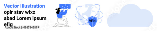 Cloud storage, cybersecurity, programming, internet security, virtual private networks, modern technology. A coder working, a VPN shield and a cloud icon. Cybersecurity and programming concepts