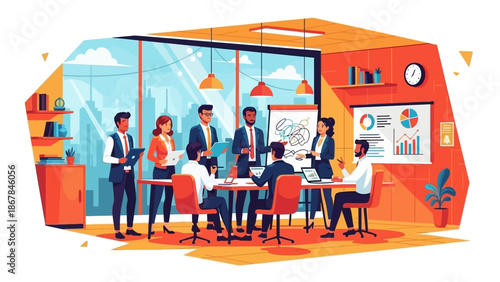 A diverse team of business professionals collaborates during a dynamic meeting in a modern office environment, fostering innovation and strategic growth.