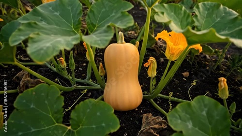 Harvested Butternut Squash Surrounded by Vibrant Green Leaves and Yellow Flowers