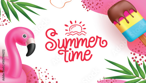 Vibrant Summer Time Banner with Pink Flamingo Float, Tropical Leaves, and Colorful Ice Cream Bar