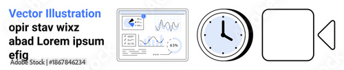Data analytics, time management, video editing, business tools, technology, productivity. Charts, clock video play symbol. Data analytics and time management visuals for business and tech