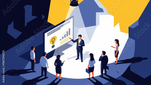 A diverse business team collaborates during an important strategic presentation, analyzing data and illuminated by a spotlight, symbolizing innovation and collective success.