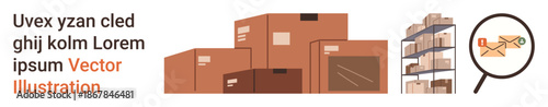 Shipping, delivery services, e-commerce, inventory tracking, supply chain, warehouse organization. Stacked boxes, warehouse shelves magnified parcel tracking. Shipping and delivery services concept