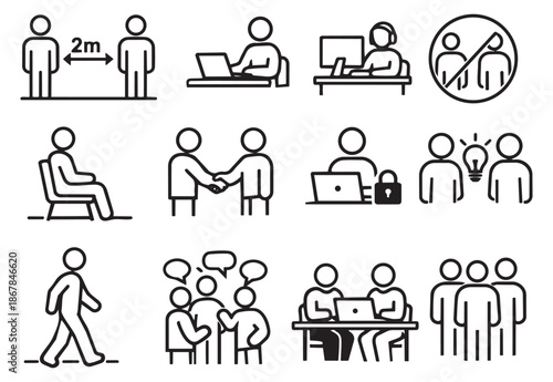 Simple line art people icons set featuring various human activities and interactions for work, communication, and social situations