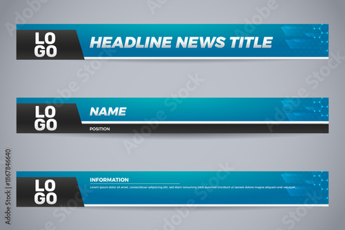 Blue Gradient Lower Third News Graphics with Hexagonal and Arrow Elements for Broadcast Media