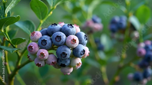 Fresh Blueberries on Plant in Soft Natural Light
