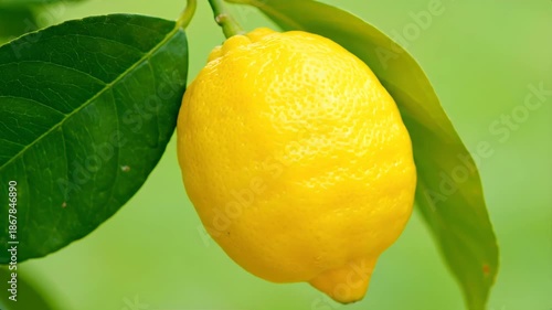 Fresh Lemon Hanging on Branch with Green Leaves in Soft Focus