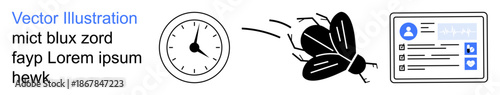 Time management, productivity, digital identity, speed, workflow, task organization. A clock, a flying insect and a user profile interface. Time management and productivity abstract