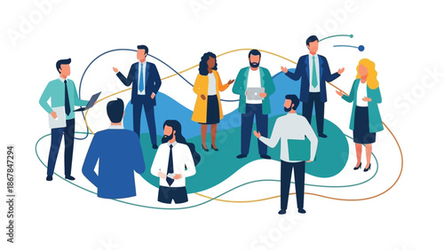 Diverse business professionals actively engage in dynamic discussions and collaborative networking, symbolizing effective communication and teamwork in a modern corporate setting.