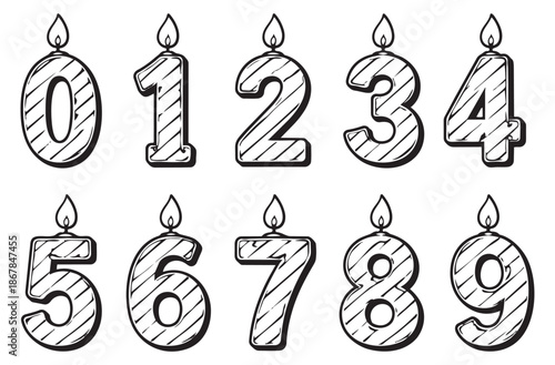 Hand drawn line art birthday candle numbers set featuring digits zero through nine for celebrations