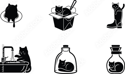 Black silhouette cat icons in various scenes and objects