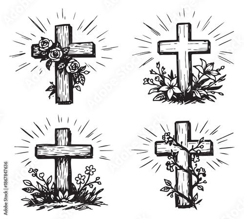 Hand drawn line art crosses set featuring various floral arrangements and radiant light for religious design and spiritual themes