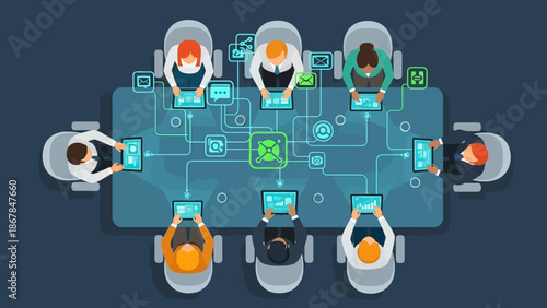 An overhead illustration shows a business team collaborating at a conference table, using networked digital tablets for data exchange and strategic planning.