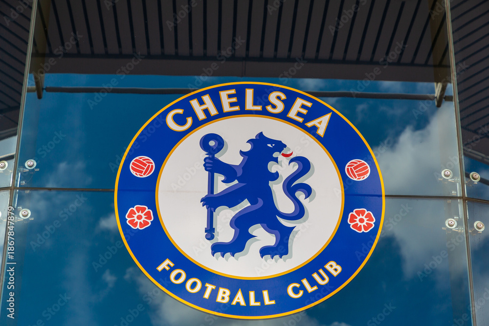 Fototapeta premium Chelsea FC Logo on Stamford Bridge Stadium Exterior in London, England, UK
