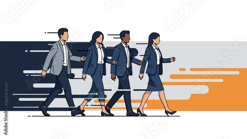 A diverse group of business professionals walks together, symbolizing unity, collaboration, and shared success in a dynamic corporate environment.