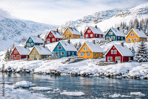 Charming winter village with colorful cabins along icy river and snowy hills under cloudy sky