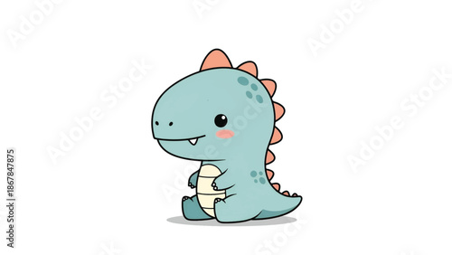 Charming pastel blue baby dinosaur sitting, peach spikes, cream belly, rosy cheek, tiny toothy grin