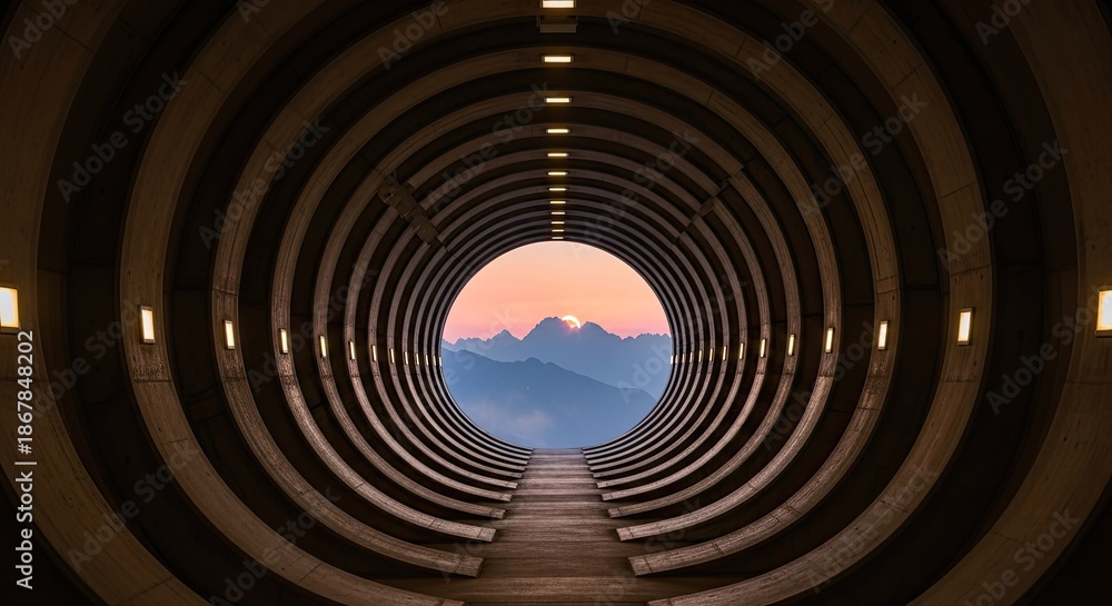 Obraz premium Enchanting Tunnel Vision: Mountains Framed by Circular Architecture and Sunrise Beauty