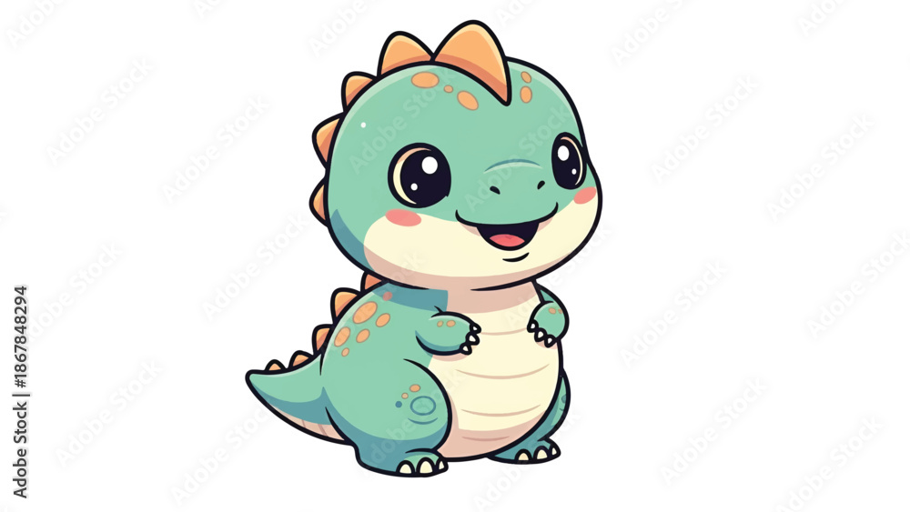 Obraz premium Chubby teal baby dinosaur with big glossy eyes, peach spikes, blushing cheeks and cream belly smile!