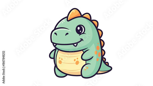 Chubby mint-green cartoon dinosaur with orange triangular spikes, cream belly and gleaming eyes!! )