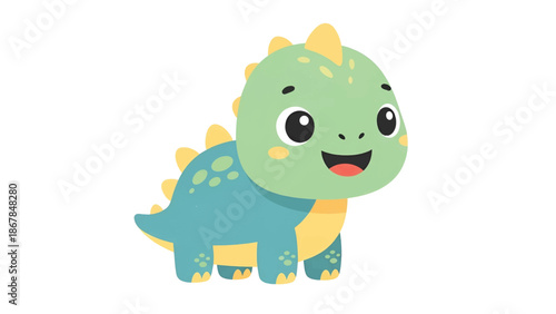 Chubby teal-and-green baby dinosaur with yellow spots and spikes, smiling with big round eyes sweet