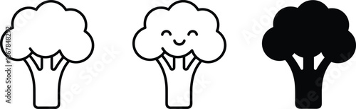 Green broccoli vegetable icon set with simple outline silhouette and cute smiling face character isolated on white background.