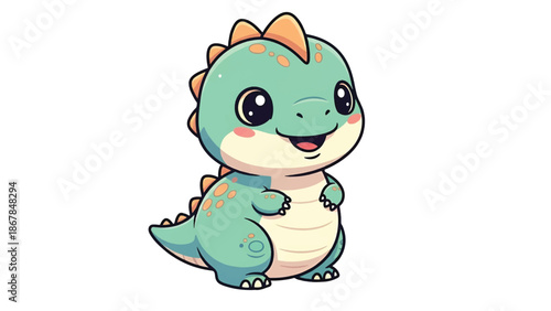 Chubby teal baby dinosaur with big glossy eyes, peach spikes, blushing cheeks and cream belly smile!