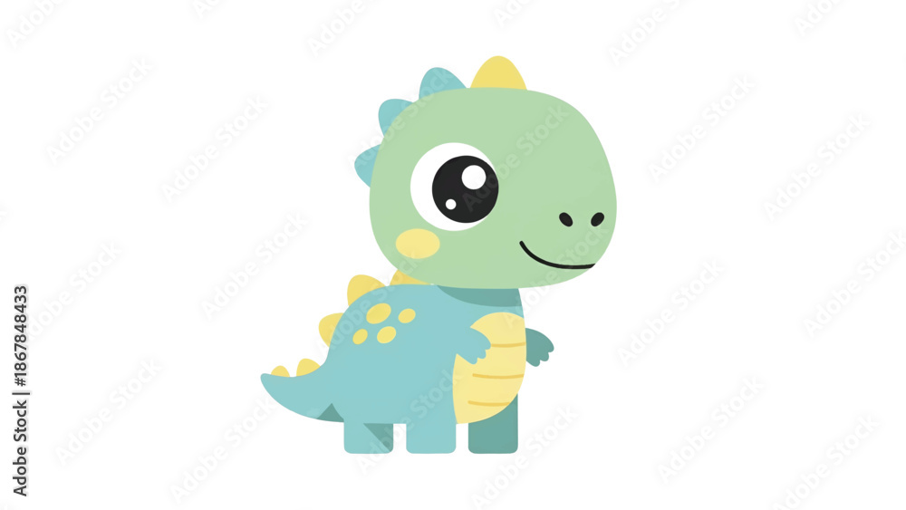 Obraz premium Cute chubby cartoon baby dinosaur with mint head, teal body, yellow spots and smiling big eye. tiny!