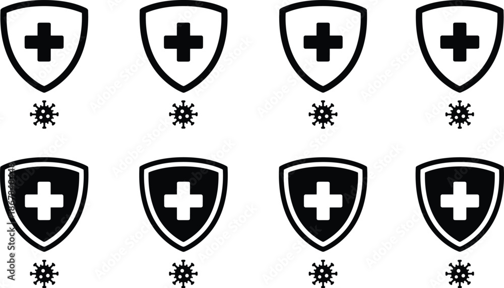 Φωτογραφία Medical shield icons with cross and virus symbols for healthcare protection immunity defense and viral disease prevention vector set