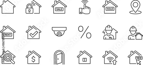 Real estate line icon set featuring houses for sale rent security and property management isolated on white background.