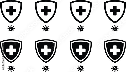 Medical shield icons with cross and virus symbols for healthcare protection immunity defense and viral disease prevention vector set.