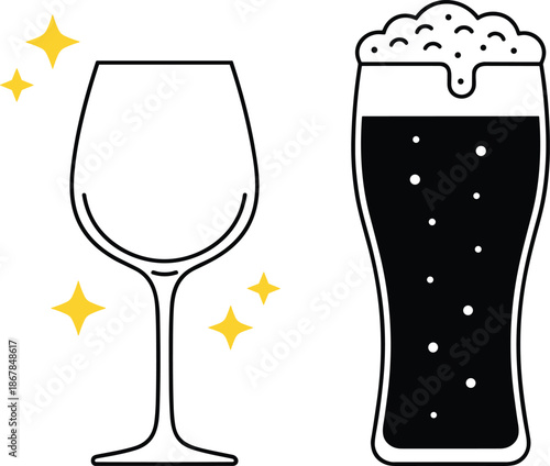 Black and white line art vector icons of a wine glass and a beer glass with foam bubbles.