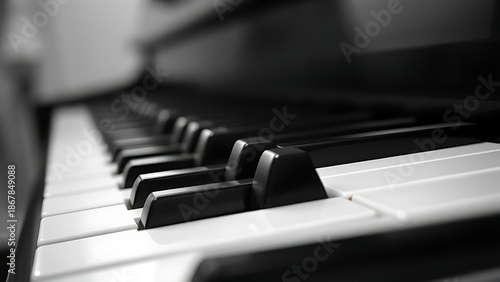 octet. Close-up of piano keys in black and white pattern, elegant musical instrument detail. lifestyle magazines, social media lookbooks, designed for influencer and brand collaborations.