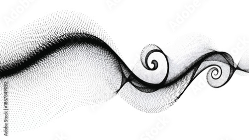 Flowing dotted waveform forming graceful spirals with layered halftone texture across white backdrop