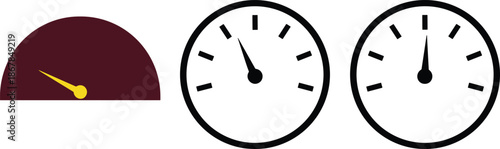 Speedometer and gauge icon set with needles for dashboard interface measuring performance and speed isolated on white background.