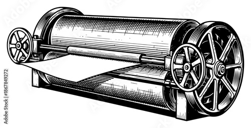 Vintage engraving style sketch of heavy industrial rolling machine processing material