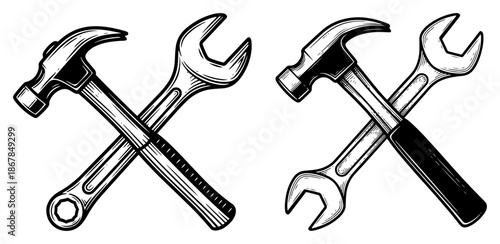 Crossed hammer and wrench tools representing repair service in vintage sketch style