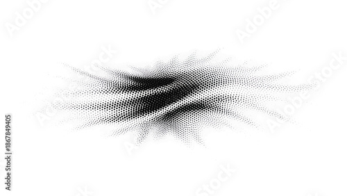 Horizontal black halftone dot burst forming layered ripple shapes across a white textured field grit
