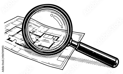 Magnifying glass analyzing architectural blueprint plan sketch