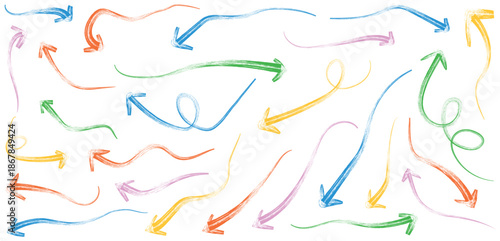 Arrow crayon pastel pencil chalk color line stroke. Collection of colorful hand-drawn arrows and scribbles. Sketch chalk pastel color pencil texture line kid fun arrow icon. Curved vector arrows icons
