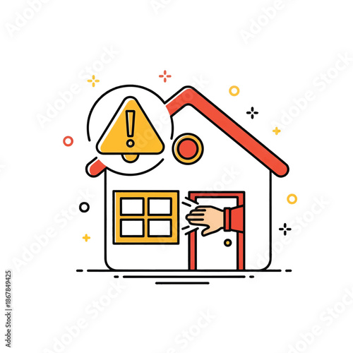 House with red roof - hand knocking on door, yellow triangular exclamation shown in magnified alert