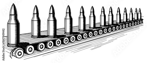 Row of military bullets on manufacturing conveyor belt sketch