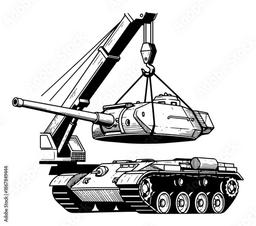 Crane lifting turret onto military tank body during assembly sketch