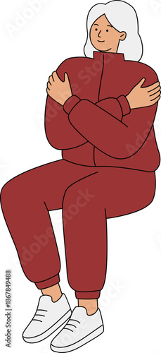 Woman Hugging Self in Tracksuit Promoting Self Care and Wellness