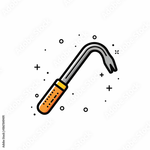 Illustration of a curved steel crowbar with orange textured handle and decorative dots plus crosses